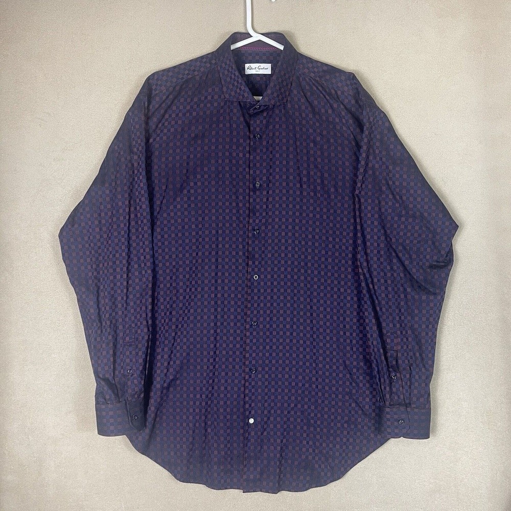 Robert Graham Shirt Mens 18.5 Tall Purple Plaid‎ Long Sleeve Button Up Adult